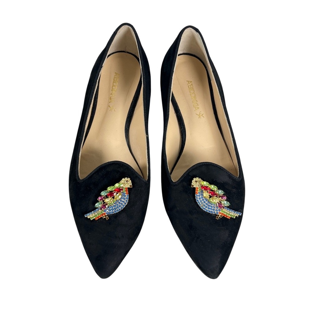 Abiddikkia Black Suede Crystal Parrot Pointed Toe Loafer Flats Italy 41 US 11